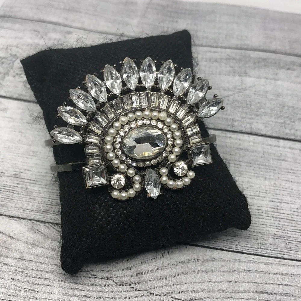 Retro style baguette and faux pearls statement bracelet art deco vibes.